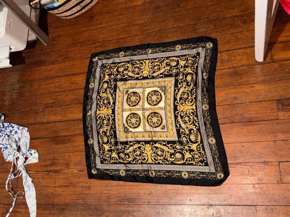 Authentic Silk Limited Edition Rare Baroque Print Black and Gold Square Scarf